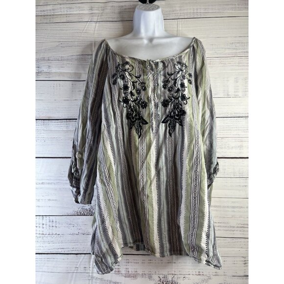 Catherines Shirt Women 4X Green Stripe Boho Aztec Embroidered Tunic Beachy Comfy - Picture 1 of 13